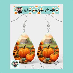 Earrings Autumn Fall Pumpkin Sunflower Farm Printed on MDF with Hook Backs
